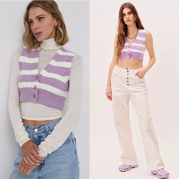 NWT FOR LOVE & LEMONS 90s Y2K Cropped Sleeveless Striped Cardigan Sweater Vest M - Picture 1 of 14